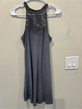 NWT Mudd Gray Halter Lace Yoke Neck Charcoal Gray Sundress Sleeveless Mini Dress